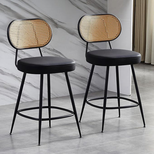 26" Rattan Barstools Set of 2, Counter Height Bar Chair with Black Metal Legs, Modern Armless PU Leather Pub Chair,Adjustable Feetpads Stools for Home Counter,Kitchen Dining Island,Cafe(Black)