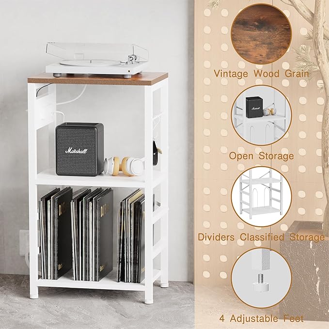 End Table with LED Light,Record Player Stand with Charging Station,Vinyl Records Storage,Turntable Stand Albums Storage for Music Room Studio-Industry White