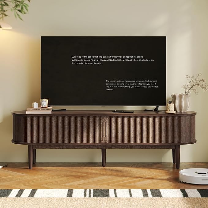 LINSY 70" Fluted TV Stand, Modern Entertainment Center for TVs Up to 80 inches, TV Console with Sliding Doors, Curved Profile Design, Media Console for Living Room, Walnut
