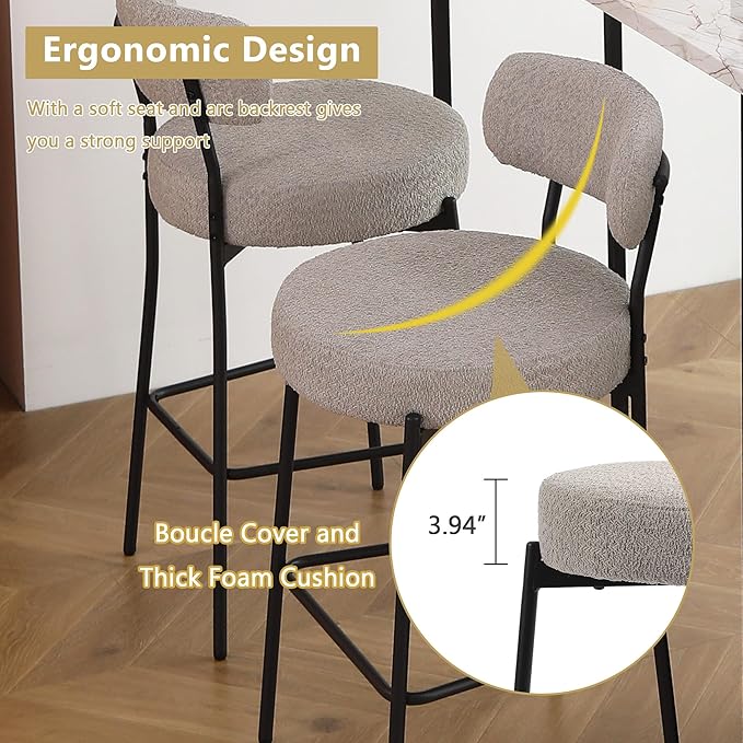 DYHOME Bar Stools Set of 4,Grey 27.56 Inches Counter Height Bar Stools with Back, Mid-Century Modern Bar Chairs for Kitchen Island, Dining Room