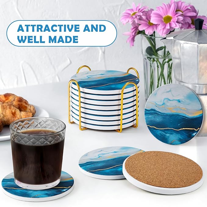 GOH DODD Coasters for Drinks Set of 8, Absorbent Marble Style Ceramic Coaster Tabletop Protection Home Decor with Metal Holder for Coffee Table, Housewarming Gifts Wedding Party, Blue, Round, 4 Inches
