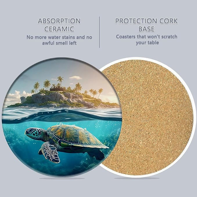 Table Coaster for Drinks Set of 6, Sea Turtles Round Ceramic Coasters,with Cork Base and Metal Holder,Great Housewarming Birthday Gifts,Home Decor