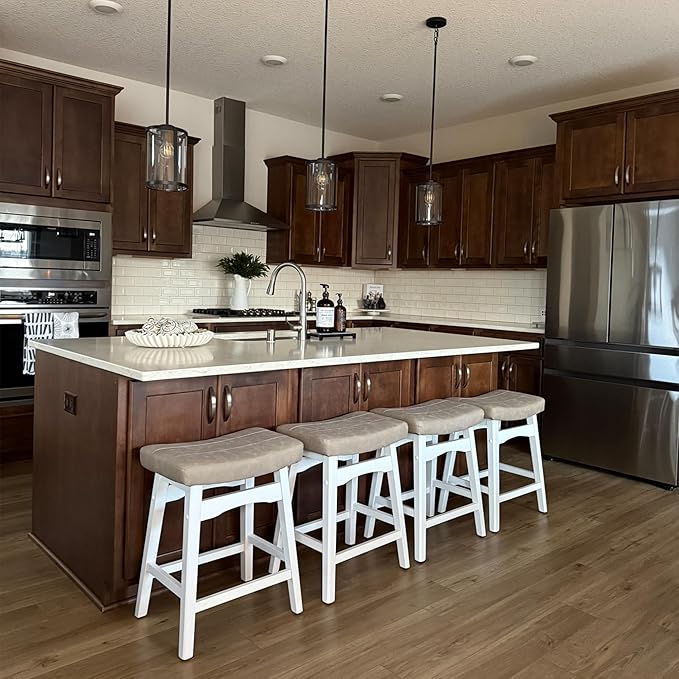 PHI VILLA Bar Stools Set of 2 - Solid Wood Legs Counter Height Barstools with Upholstered Saddle Seat, 24 inch Kitchen Counter Island Stools