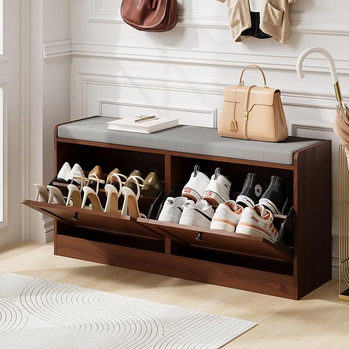 MHOM Brown Modern Entryway Bench with 2 Flip Drawers, Entryway Shoe Bench with Padded Seat Cushion, Wooden Storage Bench for Bedroom and Apartment