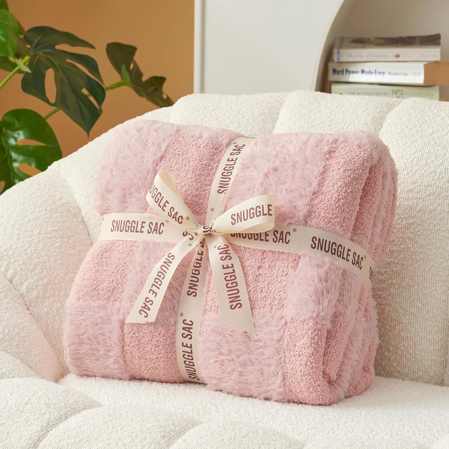 Snuggle Sac Faux Fur Pink Checkered Blanket Twin Size with Soft Knitted Microfiber Fabric,Cozy Soft Warm Blanket for Sofa Bedroom Living Room,Solid Pink,60x80 inches