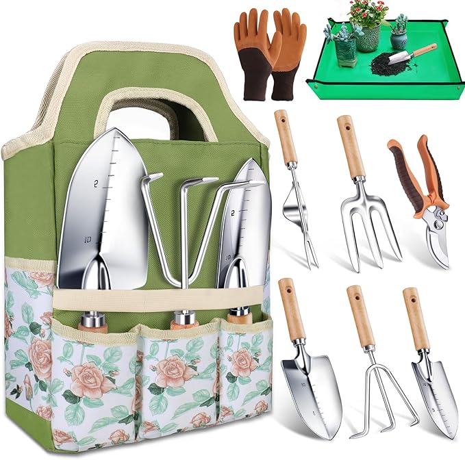 Kynup Gardening Tools, Garden Tools Set-9 Piece, Garden Hand Tool Kit with Cultivators, Thickened Stainless Steel, Rust-Proof, Gardening Supplies, Garden Stuff, Gifts for Women