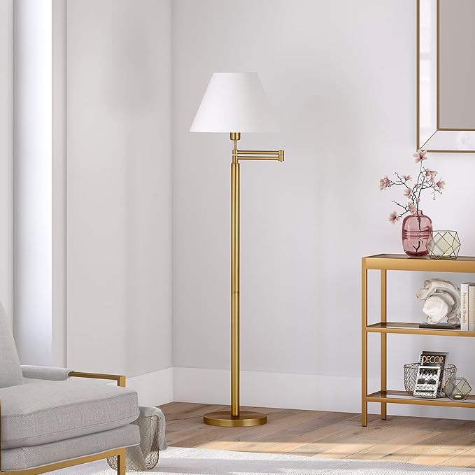 Moby Swing Arm Floor Lamp with Fabric Empire Shade in Brass/White