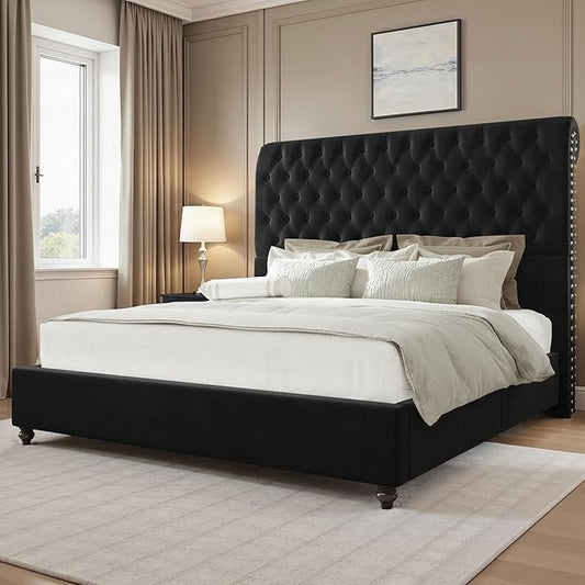 Jocisland Queen Bed Frame with 53" Tall Headboard, Velvet Upholstered Platform Sleigh Bed with Button Tufted, Solid Wood Legs, No Box Spring Needed, Easy Assembly, Black