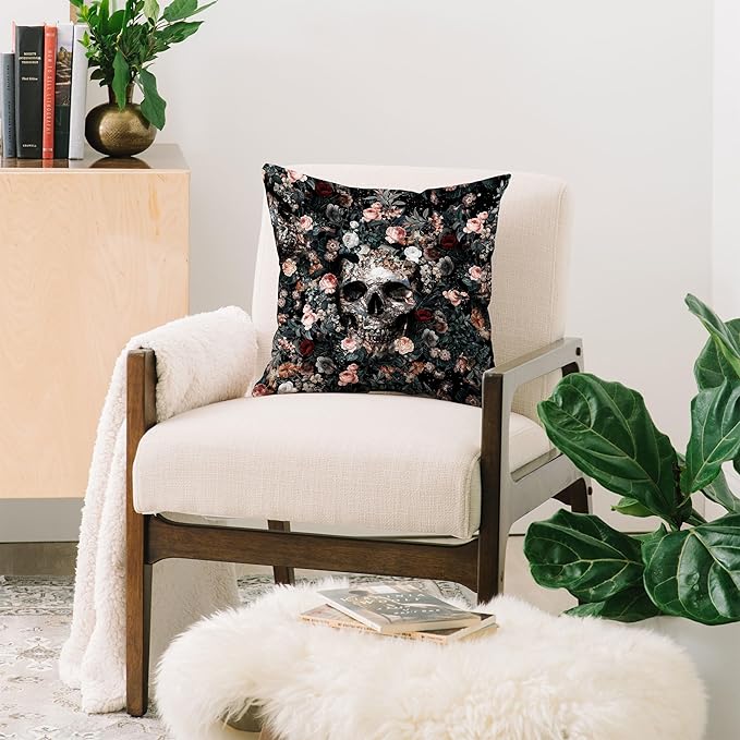 Society6 Skull and Floral Pattern Throw Pillow Insert-Home Decor by Burcu Korkmazyurek, 18" x 18"