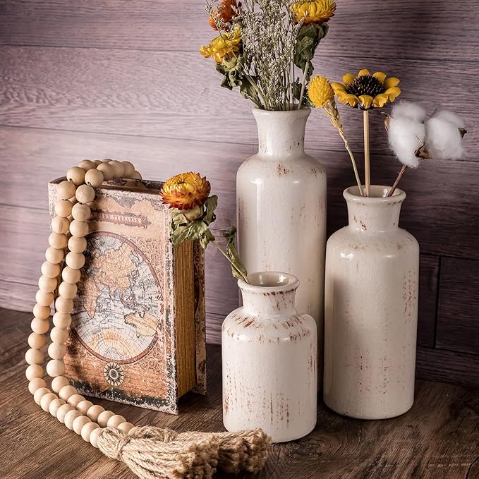 Ceramic Vase Set - 3 Small Vases,KAYLYNN Ceramic Vases for Rustic Home Decor, Living Room Decor, Table Décor, Bookshelf, Mantel Decor, Vases for Centerpieces, Vases for Flowers, Decorative