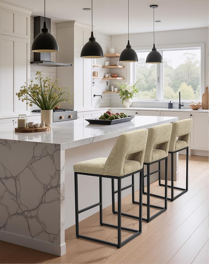 Counter Height Bar Stool for Kitchen Counter Modern Bar Chair with Back for Kitchen Island with Upholstered Fabric Seat and Metal Frame, Khaki, 26 Inch