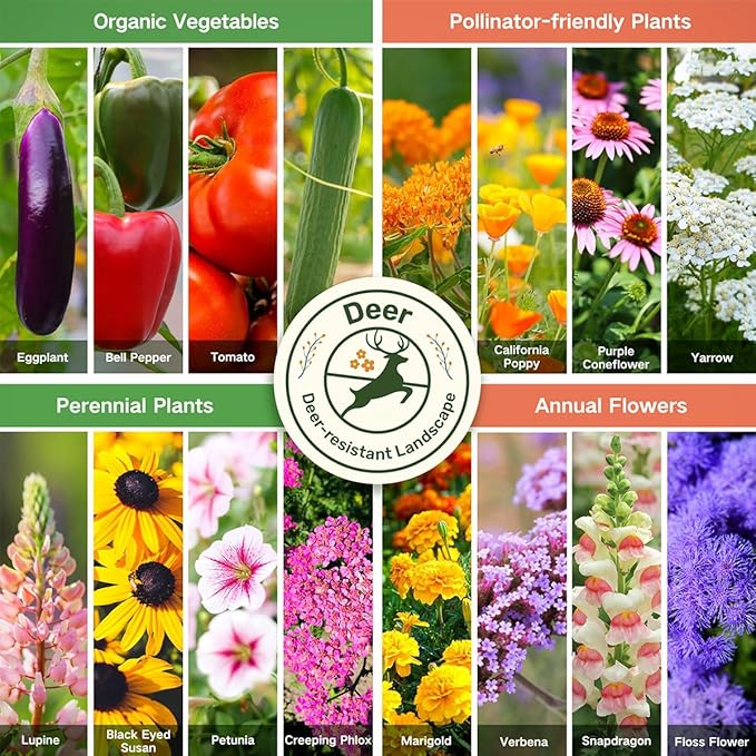 Lush&Dew Deer-Resistant Heirloom Seed Bank, Gardening Gifts for Women Men, 16 Varieties of Non-GMO Seeds for Planting Perennials Annuals Flowers, Pollinator Friendly Garden (USDA Zone 3-10)