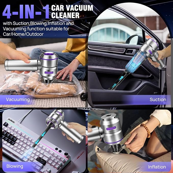 Mini Car Vacuum Cleaner,20000PA 4-in-1 Cordless Handheld Vacuum Cleaner with 6000mAh Battery Brushless Motor Hand Held Vacuum Air Duster & Air Blower & Pump for Car,Office and Home Cleaning