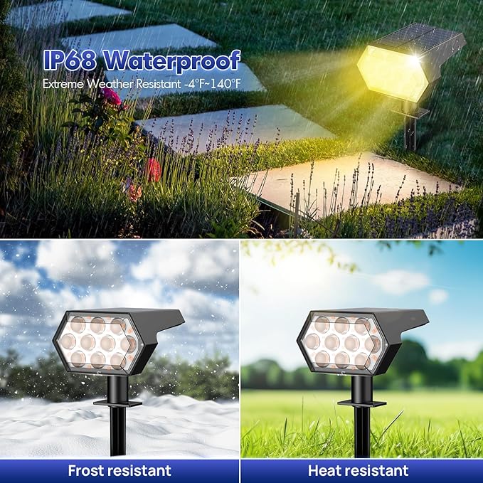 Kaxiida Solar Spot Lights Outdoor Waterproof IP68, 3 Modes & 25% Larger Panel 92 LED Solar Landscape Lights for Yard Pathway Patio Garden Decor (Warm White,4 Pack)