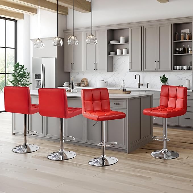 Yaheetech Bar Stools Set of 4, Adjustable PU Leather Swivel Barstools, Modern Counter Stools with Back and Footrest, Counter Height Barstools for Bar, Kitchen, Dining Room, Red
