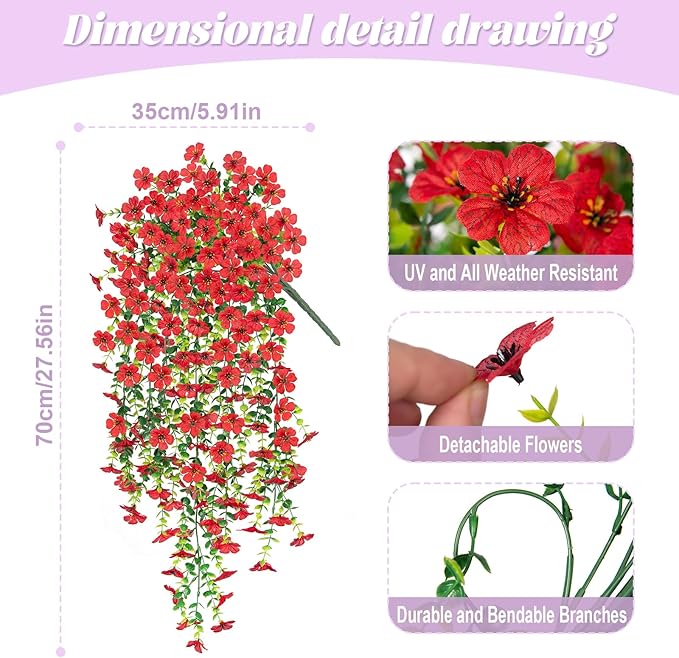 Artificial Fake Hanging Plants Flowers for Outdoor Outside Decor, Faux Mums Silk Realistic Flower, 2 Pcs UV Resistant Look Real Plastic Decorations for Porch Home Patio Balcony Yard