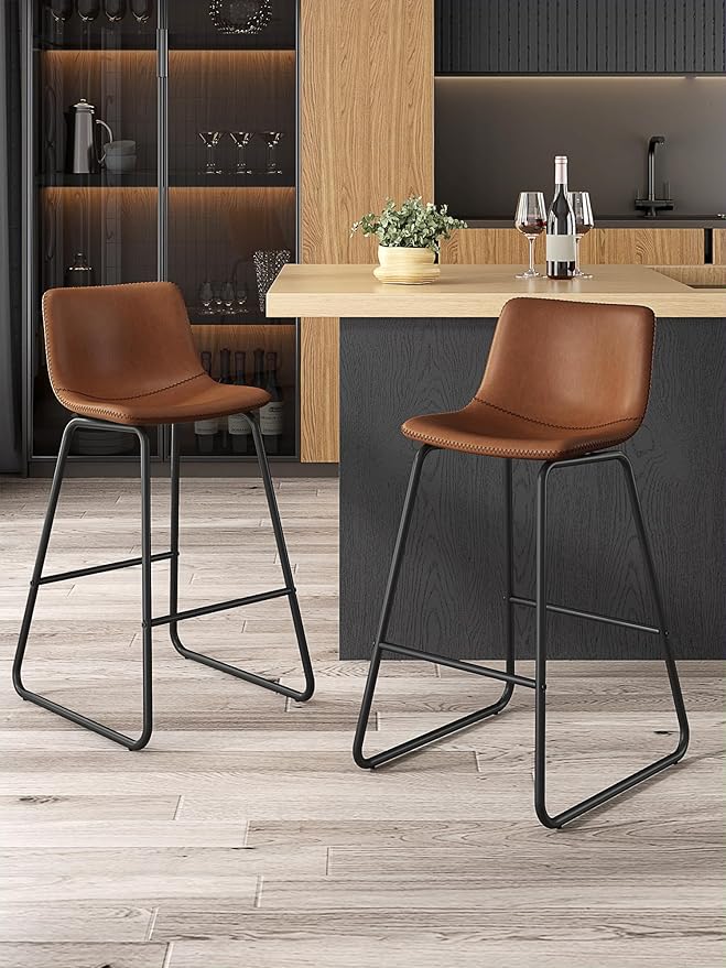 Bar Stools Set of 2, 26 Inches Counter Height Bar Stools with Back, Modern Faux Leather Barstools with Metal Legs and Footrest, Bar Chairs for Kitchens Island (Dark Brown)