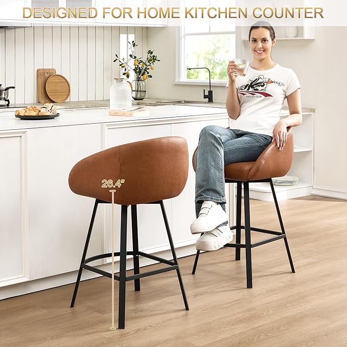 Zesthouse Swivel Counter Height Stools Set of 4, Modern Barrel Bar Stools for Kitchen Island, 26" Upholstered Kitchen Counter Height Barstools with Barrel Arms & Back, Brown Faux Leather Bar Chairs
