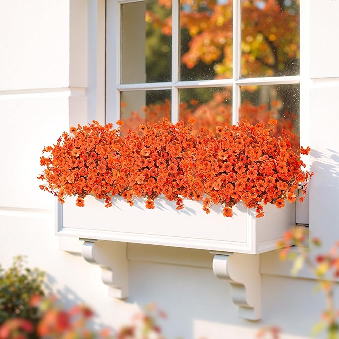 Artificial Mums Fall Fake Flowers for Outdoors, 12 Bundles Faux Mums for Outdoor Planters Decorations,UV Resistant Silk Flowers Plastic Plants for Front Porch Garden Patio Home Decor (B-Orange)