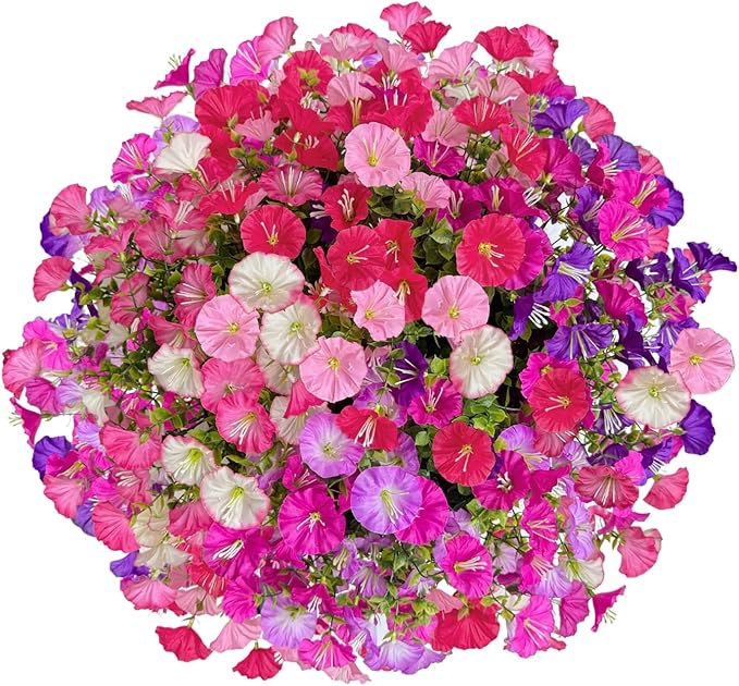 Artificial Hanging Faux Flowers Basket, Fake Silk Petunias Plants Arrangement,for Spring Summer Outdoor Decoration,UV Resistant, Morning Glorias,for Home Garden Decor (PinkPurple)