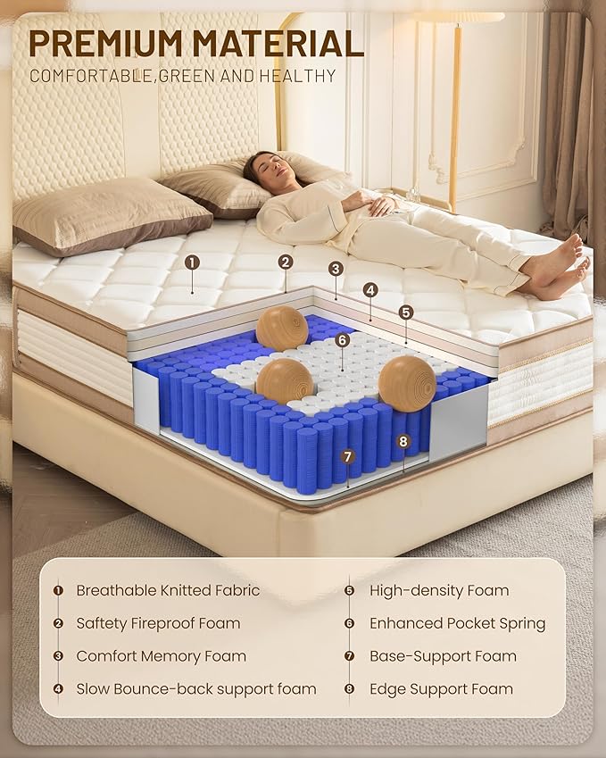 14Inch Full Mattress, Premium Hybrid Pocket Springs & Cooling Gel Memory Foam, Medium Firm Support, Motion Isolation, Edge Support, CertiPUR-US Certified