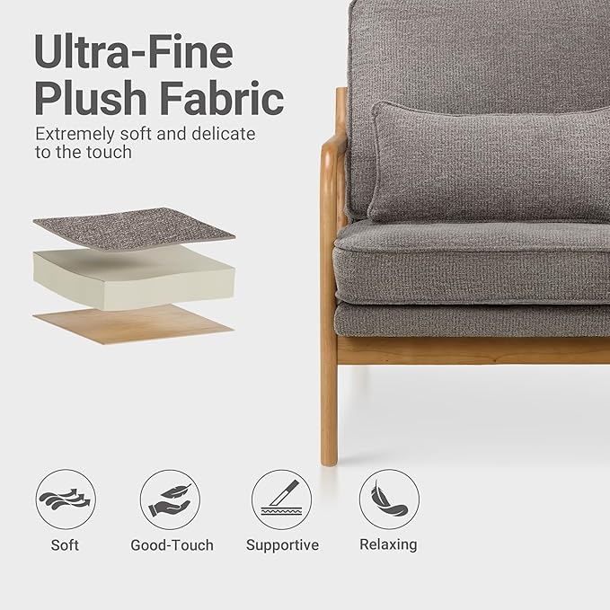 Modern Accent Chair Set of 2 with Lumbar Pillow, Relaxing Mid Century Chair Armchair with Solid Wood Frame & Soft Cushion, Reading Leisure Armchair for Living Room, Grey