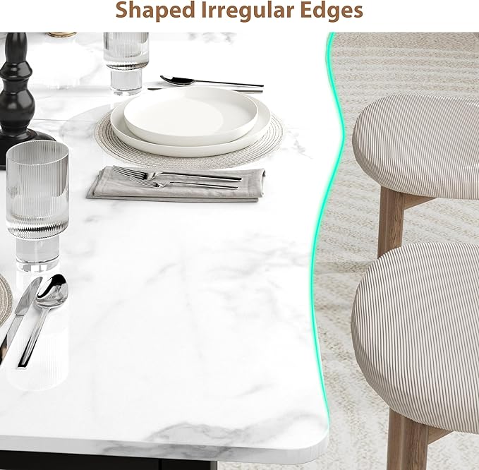 70.9”Dining Table with Wave Irregular Edge, 15mm Thick MDF Top & Metal Frame, for Kitchen, Quick Assembly, Wooden Kitchen Table for 6-8, Waterproof Scratch-Resistant, Marble