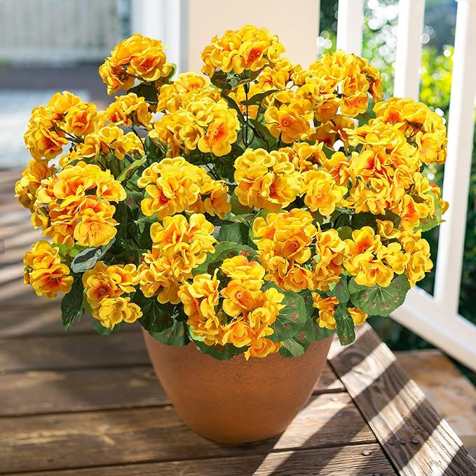 Fake Geraniums Artificial Flowers for Outdoors Fall Autumn Decoration, 6 Bundles Silk Geraniums UV Resistant Look Real Yellow Faux Flowers Plants for Front Door Garden Planter Patio Balcony Yard Home