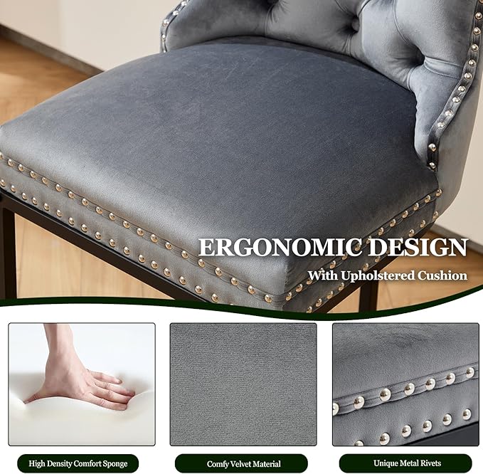 UVV Counter Height Bar Stools Set of 2, 26" Modern Barstools with Back, Velvet Upholstery Counter Chairs with Metal Legs for Kitchen Island, Bar, Counter, Gray