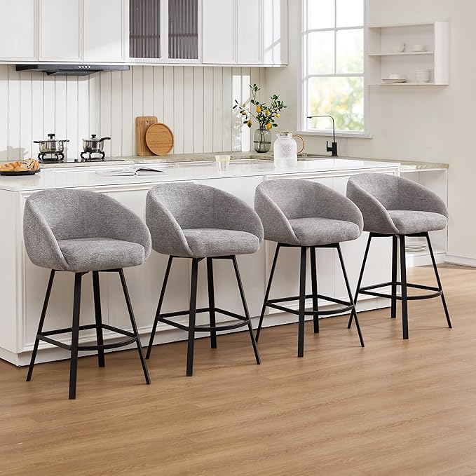 Zesthouse Swivel Counter Height Stools Set of 4, Modern Barrel Bar Stools for Kitchen Island, 26" Upholstered Kitchen Counter Height Barstools with Barrel Arms & Back, Grey Linen Fabric Bar Chairs