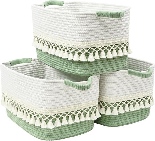 3 Pack Storage Basket for Shelves, Boho Cotton Rope Storage Bins with Heavy Tassel, Shelf Baskets Large Woven Baskets for Organizing, Cube Organizer Bins, Baby Laundry Basket for Clothes, Toys, Pets