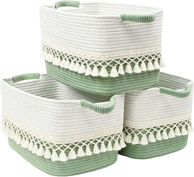 2 Pack Storage Basket, Heavy Tassel Woven Baskets for Storage, Boho Cotton Rope Storage Bin, Cube Organizer Bins, Baby Laundry Basket for Clothes, Toys, Diapers, Pets（White & Green）