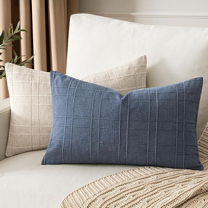 MIULEE Decorative Linen Check Lumar Throw Pillow Covers Neutral Farmhouse Vintage Pillow Covers 12x20 Set of 2 Boho Modern Home Decor for Sofa Couch Bedroom Cushion Blue