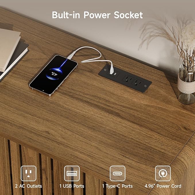 ONBRILL 63-Inch TV Stand for TVs up to 75 Inch, Mid-Century Modern Television Stand with Power Outlet， Entertainment Center with Sliding Grille Door Cabinets and Open Shelves for Living Room, Oak