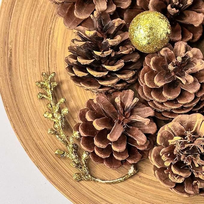 Qingbei Rina Bowl Fillers Vase Fillers, Natural Pinecones for Crafts,Medium Rustic Pine Cone Ornaments with Golden Balls&Berries, Holidays Farmhouse Home Decor