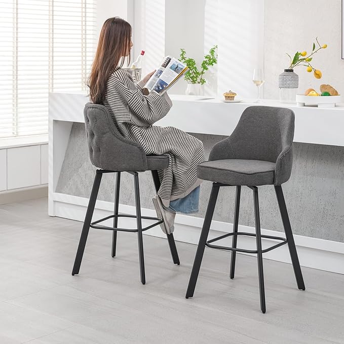 Bar Stools Set of 3, 30" Swivel Bar Height Barstools with High Back, Linen Kitchen Bar Stool Bar Height for Kitchen Island (Dark Grey, 3PCS 30" Bar Stools)