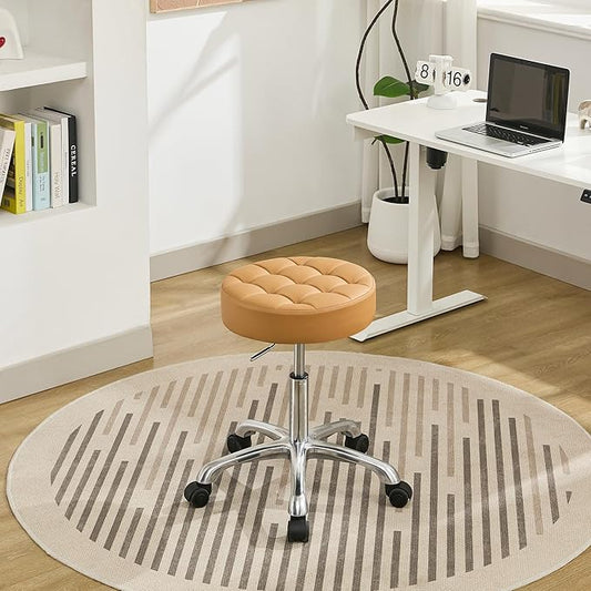 Drafting Stools with Wheels (Adjustable Height 20-27 inch) (300lbs Capacity) Round Vanity Stool (Camel Brown)