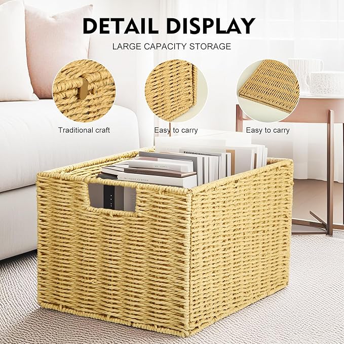 Collapsible Storage Basket 2 pcs, storage boxes for shelves, With Insertion Handle,15 * 8.6 * 10 In Hand-Woven Seagrass Storage Basket, Suitable for Bedroom Storage and Other Scenarios