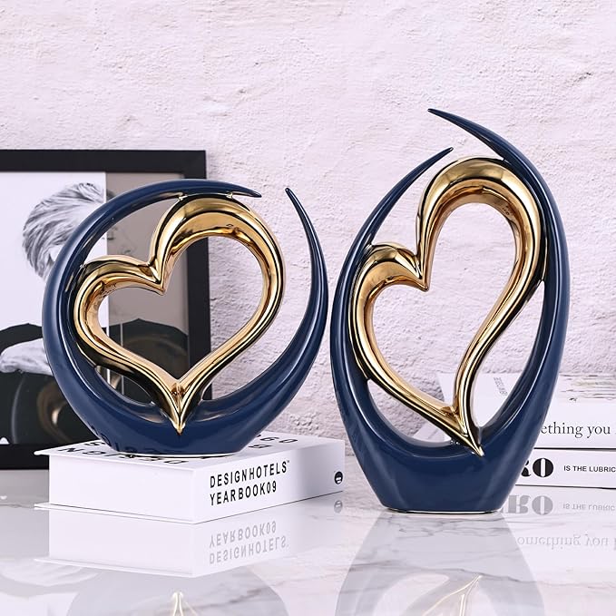 Ceramic Heart Decor Love Statue, Navy Blue Gold Double Hearts Sculptures for Home Table Centerpiece Decor, Valentine, Wedding, Decorative Items for Shelves, Coffee Table Decor (Hug Heart-Round)