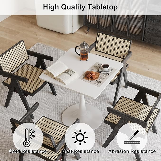 White Square Tulip Table for 2 Person, 24 Inch Small Dining Table with Metal Pedestal Base for Kitchen, Mid Century Modern Table with Round Corners for Living Room, Cafe, Office, Pub, Bar, Bistro