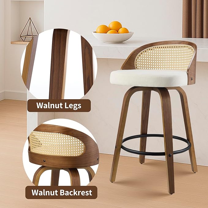 26 inch Swivel Bar Stools with Back, Set of 2 Mid-Century Modern Counter Stools, Beige Soft Textured Fabric Seat with Walnut Frame and Footrest for Kitchen Island & Dining Area