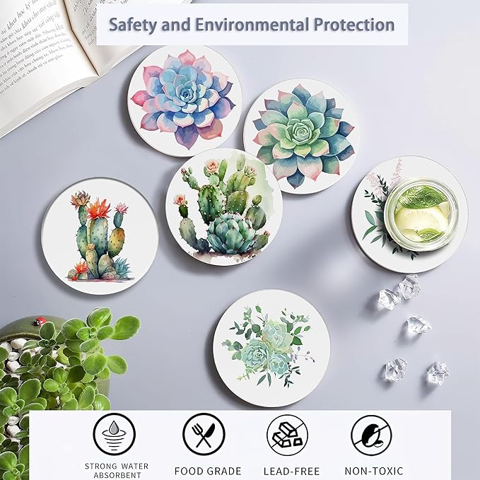 Table Coaster for Drinks Set of 6, Cactus Succulent Flower Round Ceramic Coasters,with Cork Base and Metal Holder,Great Housewarming Birthday Gifts,Home Decor