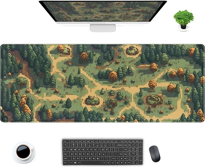 Retro Brown Green Desk Mat XL Large Gaming Green Forest Pixel Mouse Pad Non-Slip Rubber Base Mousepad, Keyboard Mouse Mat, Laptop Computer Mat with Stitched Edges, Office Work Mat 31.5x11.8 in