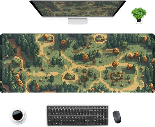 Retro Brown Green Desk Mat XL Large Gaming Green Forest Pixel Mouse Pad Non-Slip Rubber Base Mousepad, Keyboard Mouse Mat, Laptop Computer Mat with Stitched Edges, Office Work Mat 31.5x11.8 in