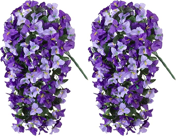 2 pcs Artificial Faux Bougainvillea Flowers Plants for Outdoor Outside Summer Decoration, Fake Silk UV Resistant Long Trailing Vines for Front Door Porch Planter Balcony (Purple Dark Purple)