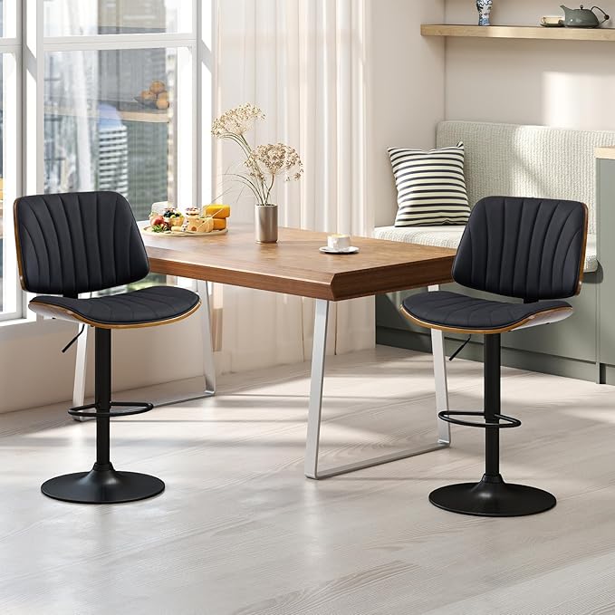 ECOTOUGE Swivel Bar Stools Set of 2, Adjustable Bentwood Barstools, Modern PU Leather Upholstered Bar Chair with Back and Footrest, for Bar, Kitchen Counter, Dining Room, Black