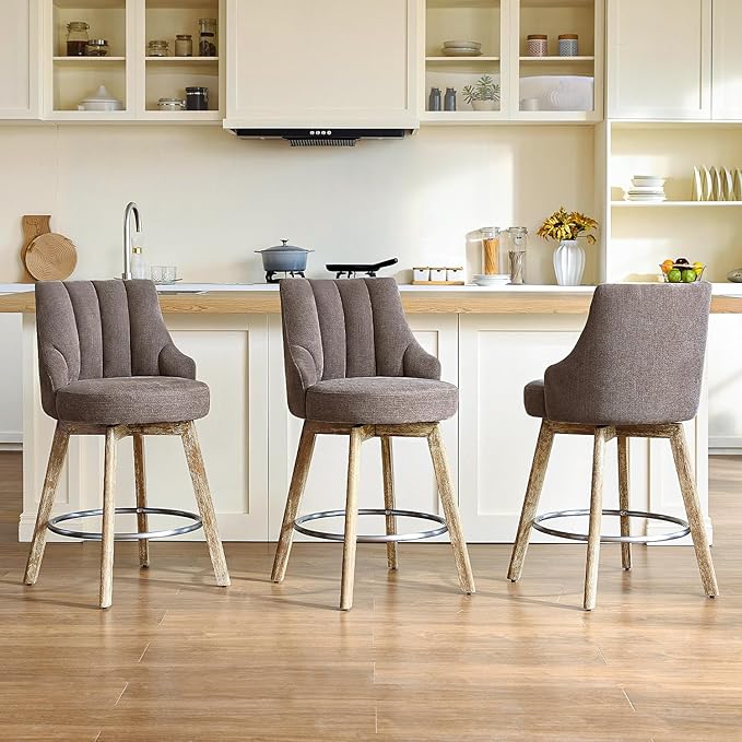 IWOOD Counter Height Bar Stools,Swivel Bar Stools with Backs,Barstools Set of 3,26'' Solid Wood Legs,Thick Seat Upholstered Linen Fabric Counter Height Stools in Grey