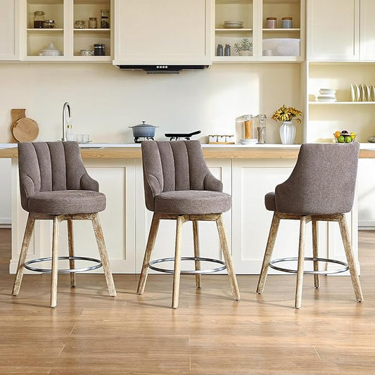 IWOOD Counter Height Bar Stools,Swivel Bar Stools with Backs,Barstools Set of 3,26'' Solid Wood Legs,Thick Seat Upholstered Linen Fabric Counter Height Stools in Grey