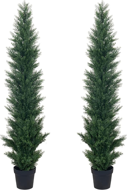 2 Packs 5ft Artificial Cedar Topiary Trees - Fake Boxwood Topiary Cypress Trees Potted Plants, Artificial Plants Shrubs for Home Indoor Outdoor Garden Porch Decor