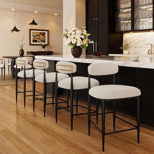 Morden Fort Counter Height Bar Stools Set of 4, Modern White Counter Stools with Black Metal Legs and Curved Backs, 26" Boucle Island Chairs for Kitchen and Home Bar